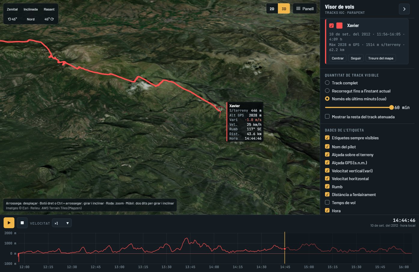Visor de vols en 3D amb un vol real de parapent sobre el relleu, les dades del pilot i el perfil d'alçada